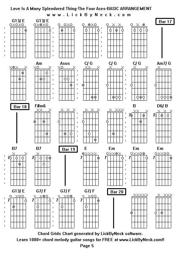 Chord Grids Chart of chord melody fingerstyle guitar song-Love Is A Many Splendored Thing-The Four Aces-BASIC ARRANGEMENT,generated by LickByNeck software.